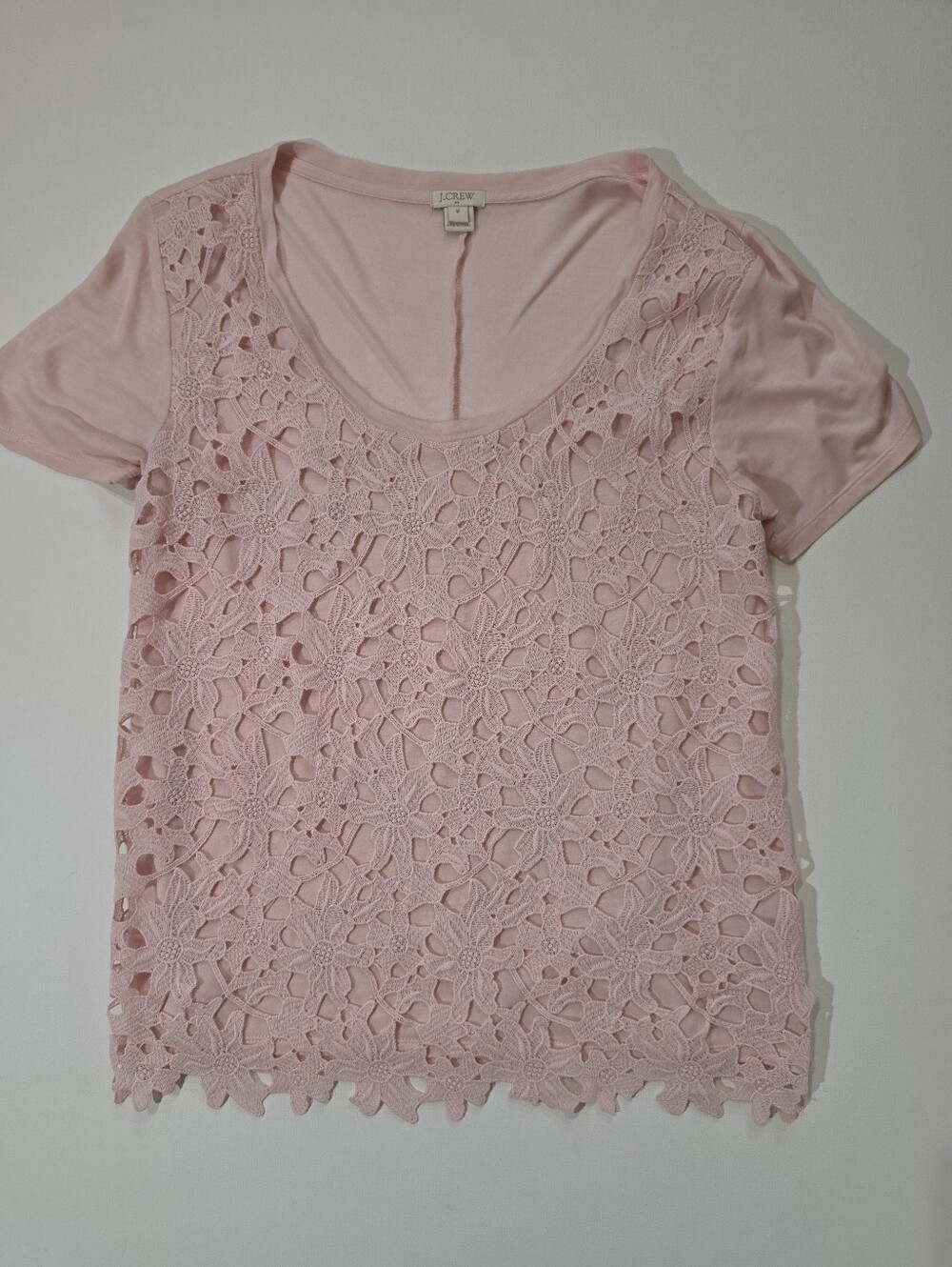 J. Crew Lace Overlay Blouse Womens Medium Pink Mixed Media Scalloped Hem